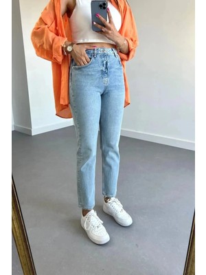 Beeke James- Kadın Yüksek Bel Mavi Kar Yıkama Likralı Mom Jeans Boyfrend Pantolon