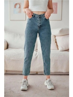Beeke Lily Mavi Mom Jean Kadın Yüksek Bel Likralı Kot Pantolon