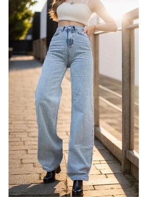Beeke Marina Kadın Mavi Kar Yıkama Likralı Süper Yüksek Bel Salaş Paça Trend Denim Jeans