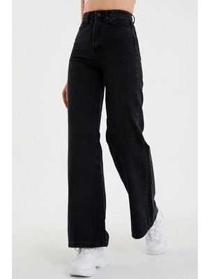 Beeke Palazzo Yüksek Bel Fermuarlı Rahat Kalıp Cepli Wide Leg Geniş Paça Kar Yıkamalı Denim Jean Pantolon