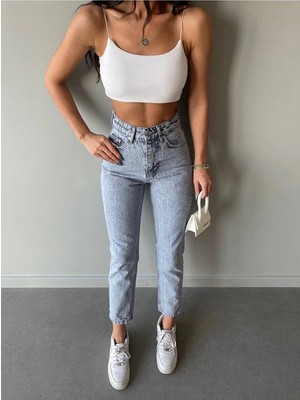 Beeke Maria Kadın Mavi Kar Süper Yüksek Bel Comfort Likralı Mom Kot Pantalon Jeans (Tam Kalıptır)