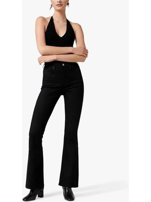 Beeke Yüksek Bel Siyah Ispanyol Paça Jeans Likralı Esnek Kot Pantolon Jean