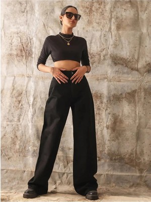 Beeke Yüksek Bel Kadın Siyah Kot Pantolon Siyah Salaş Jeans Likralı Esnek Palazzo (1 Beden Büyük Alınız)