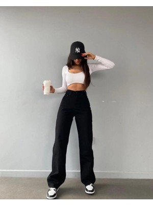 Beeke Enna Kadın Süper Yüksek Bel Siyah Solmaz Jean Pantolon Bol Paça Jeans