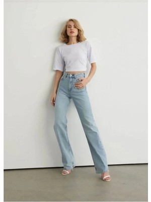 Beeke 90's Kar Yıkama Mavi Likralı Süper Yüksek Bel Salaş Jeans Palazzo Pantolon 2024