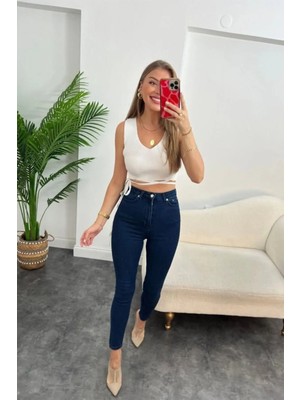 Beeke Tina Koyu Mavi Solmaz Kadın Likralı Yüksek Bel Solmayan Toparlayıcı Etkili Dar Paça Kot Pantolon
