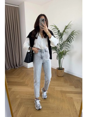 Beeke Jerry Yüksek Bel Mavi Kar Yıkama Mom Jeans Likralı Esnek Kot Pantolon(Tam Kalıptır)