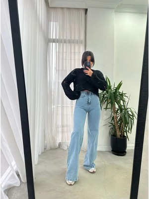 Beeke Benjamin Neo Kadın Yüksek Bel Likralı Esnek Jeans Mavi Palazzo Kot Pantolon