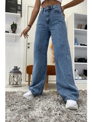 Beeke 90's Kar Yıkama Mavi Likralı Süper Extra Yüksek Bel Palazzo Salaş Jean Pantolon