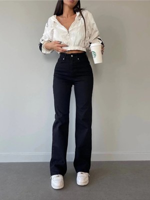 Beeke Candy Siyah Yüksek Bel Salaş Pantolon, Geniş Paça Pantolon, Bol Paça Pantalon Yıkamalı Palazzo Jeans