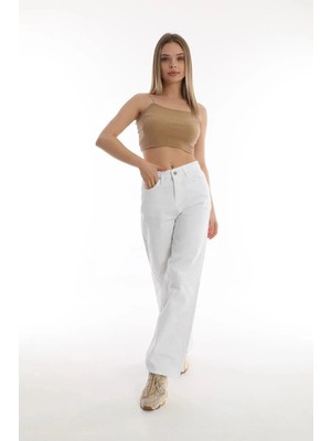 Beeke Aida Yüksek Bel Boyfriend Salaş Jean Bol Paça Kadın Beyaz Kot Pantolon (Bir Beden Büyük Alınız)