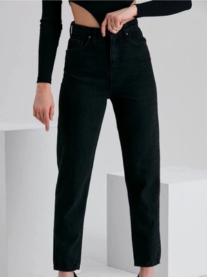 Beeke Kadın Mom Jean Yüksek Bel Siyah Mom Kot Pantolon %100 Natural (Tam Kalıptır)