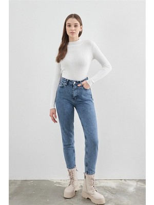 Beeke Isabella Zero Max Kadın Süper Yüksek Bel Mavi Mom Jeans Likralı Esnek Kot Pantolon