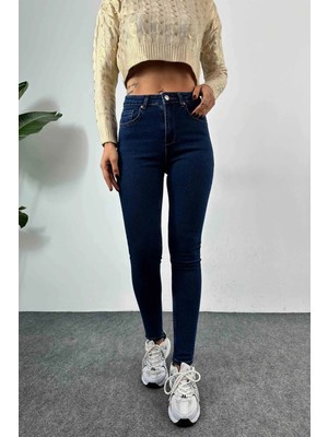 Beeke Rio Lacivert Yüksek Bel Dar Paça Skinny Power Likralı Kot Pantalont (Tam Kalıptırız)
