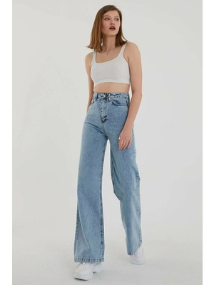 Beeke Marina Kadın Denim Mavi Kar Yıkama Süper Yüksek Bel Salaş Bol Paça Jeans Palazzo Pantolon