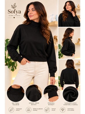 Belirtilmemiş Kadın Balıkçı Yaka Oversize Crop Sweatshirt