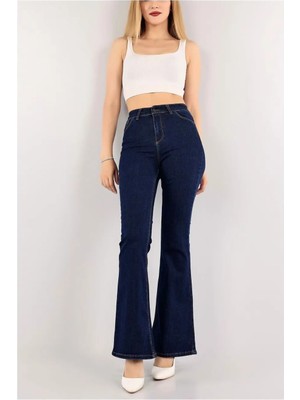 Beeke Kadın Ispanyol Lacivert Kot Yüksek Bel Likralı Flare Jeans Kot Pantolon