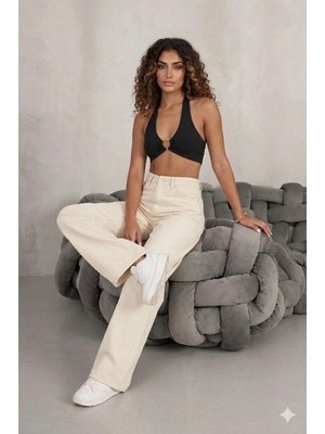 Beeke Kadın Palazzo Salaş Rahat Kesim Likralı Yüksek Bel Jeans Kot Pantolon Yeni Sezon