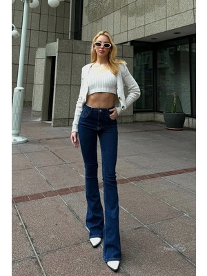 Beeke Yüksek Bel Lacivert Straight Ispanyol Paça Jean