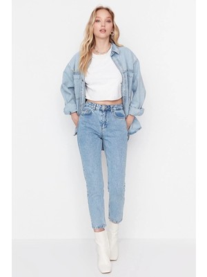 Beeke Kadın Kar Yıkama Mom Açık Mavi Yüksek Bel Boyfriend Jean