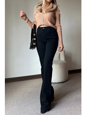 Beeke Isabella Zero Max Yüksek Bel Esnek Siyah Ispanyol Paça Jeans Pantolon(Tam Kalıp)