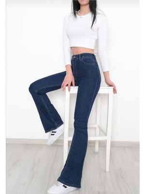 Beeke All Star Flare Jeans Ispanyol Kot Yüksek Bel Solmaz Lacivert Ispanyol Kot Pantolon ( Likralı )