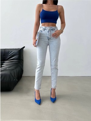 Beeke 90's Kadın Boyfrend Mavi Kar Yıkama Yüksek Bel Likralı Mom Jeans Kot Pantolon (Tam Kalıptır)