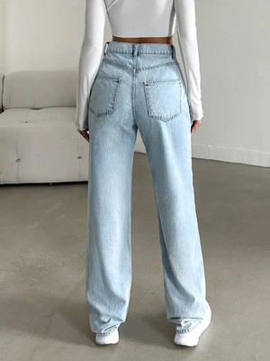 Beeke Jessica Kadın 90's Kar Yıkama Mavi Likralı Süper Yüksek Bel Salaş Jeans Palazzo Kot Pantolon