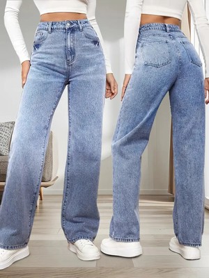Beeke Alice Kadın 90's Kar Yıkama Mavi Likralı Süper Yüksek Bel Salaş Jeans Palazzo Kot Pantolon