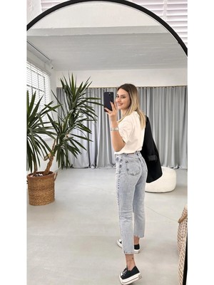 Beeke Olivia-Kadın Mavi Kar Yıkama Yüksek Bel Mom Kalıp Jean