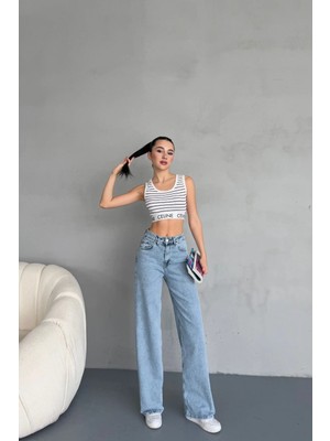 Beeke Jeannine Kadın Likralı Mavi Kar Yıkama Süper Yüksek Bel Palazzo Salaş Bol Paça Denim Kot Pantolon
