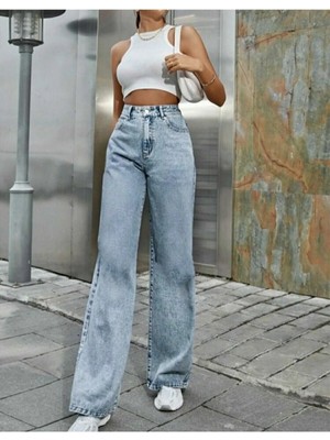 Beeke Marina Kadın Mavi Likralı Süper Yüksek Bel Salaş Jeans Trend Pantolon