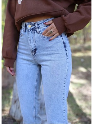 Beeke Leo 90's Kadın Mona Mavi Kar Yıkama Mom Jean Kadın Boyfriend Yüksek Bel Likralı Kot Pantolon