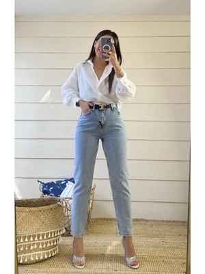 Beeke Vivien Mavi Mom Kot Pantolon Likralı Yüksek Bel Mavi Kar Yıkamalı Mom Jeans Kar Yıkama Boyfriend