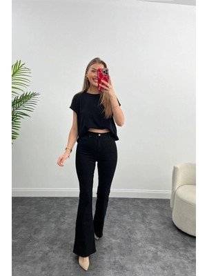 Beeke Jnx Lara Kadın Siyah Geniş Paça Likralı Denim Jean Pantolon