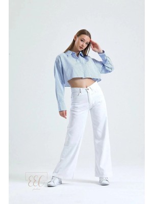 Beeke Kadın Kar Beyaz Süper Yüksek Bel Likralı Bol Paça Denim Kot Pantolonjean
