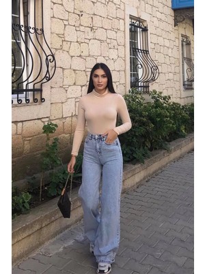 Beeke Isabella Berry 90's Kar Yıkama Mavi Likralı Süper Yüksek Bel Wide Leg Salaş Jeans Palazzo Pantolon