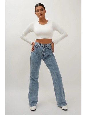 Beeke 90's Kar Yıkama Mavi Likralı Süper Yüksek Bel Salaş Jeans Palazzo Pantolon