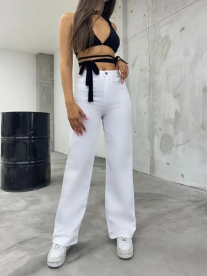 Beeke Alessi Kadın Beyaz Palazzo Jeans Likralı Süper Yüksek Bel Salaş Denim Kot Pantolon