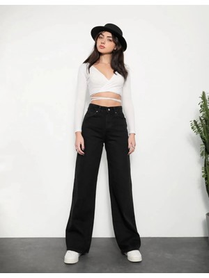Jeannine Kadın Jeans Siyah Yüksek Bel Palazzo Salaş Bol Paça Denim Kot Pantolon Beekeplzsyh-01