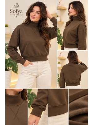 Belirtilmemiş Kadın Balıkçı Yaka Oversize Crop Sweatshirt
