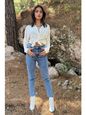 Beeke Vit Açık Mavi Mom Jeans Likralı Yüksek Bel Mavi Kar Yıkamalı Mom Kot Pantolon 2024