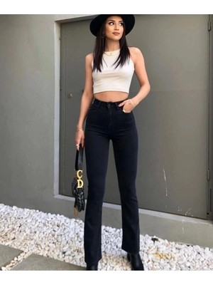 Beeke Trend Jean Isabella Zero Max Kadın Siyah Ispanyol Paça Jeans Likralı Esnek Kot Pantolon(Tam Kalıp)