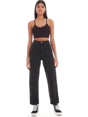 Beeke Linda-Kadın Siyah Black Od Renk Balon Mom Fit Rahat Kalıp Yüksek Bel Jean