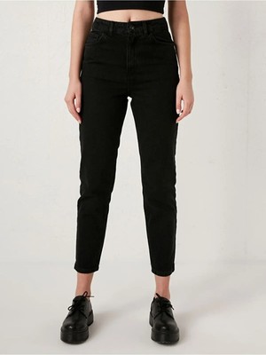 Beeke Solmaz Siyah Mom Kot Pantolon Likralı Yüksek Bel Siyah Mom Jeans Ekstra Rahat Black Mom