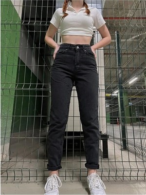 Beeke Black Kadın Siyah Solmayan Mom Likralı Jeans Rahat Yüksek Bel Kadın Jeans Pantolon