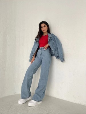 Beeke Ryan 90's Kar Yıkama Mavi Yüksek Bel Likralı Salaş Jeans Palazzo Pantolon