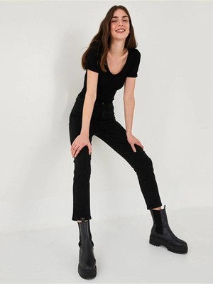 Beeke Siyah Slim Fit Yüksek Bel Vintage Denim Jean Pantalon