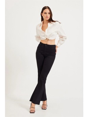 Beeke Julia Yüksek Bel Siyah Ispanyol Paça Jeans Likralı Esnek Kot Pantolon