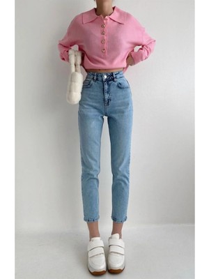 Beeke Buz Kar Mavi Asit Yıkamalı Yüksek Bel Mom Jeans (Tam Kalıptır)